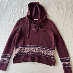 Hollister Burgundy Fair Isle Lace Up Knit Hoodie Sweater Womens Medium Pullover